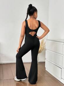 SHEIN Tween 女童时尚街头服饰纯色针织无袖露背短款上衣和喇叭裤套装，休闲黑色连体裤，返校季 - 黑色 - 查看 5