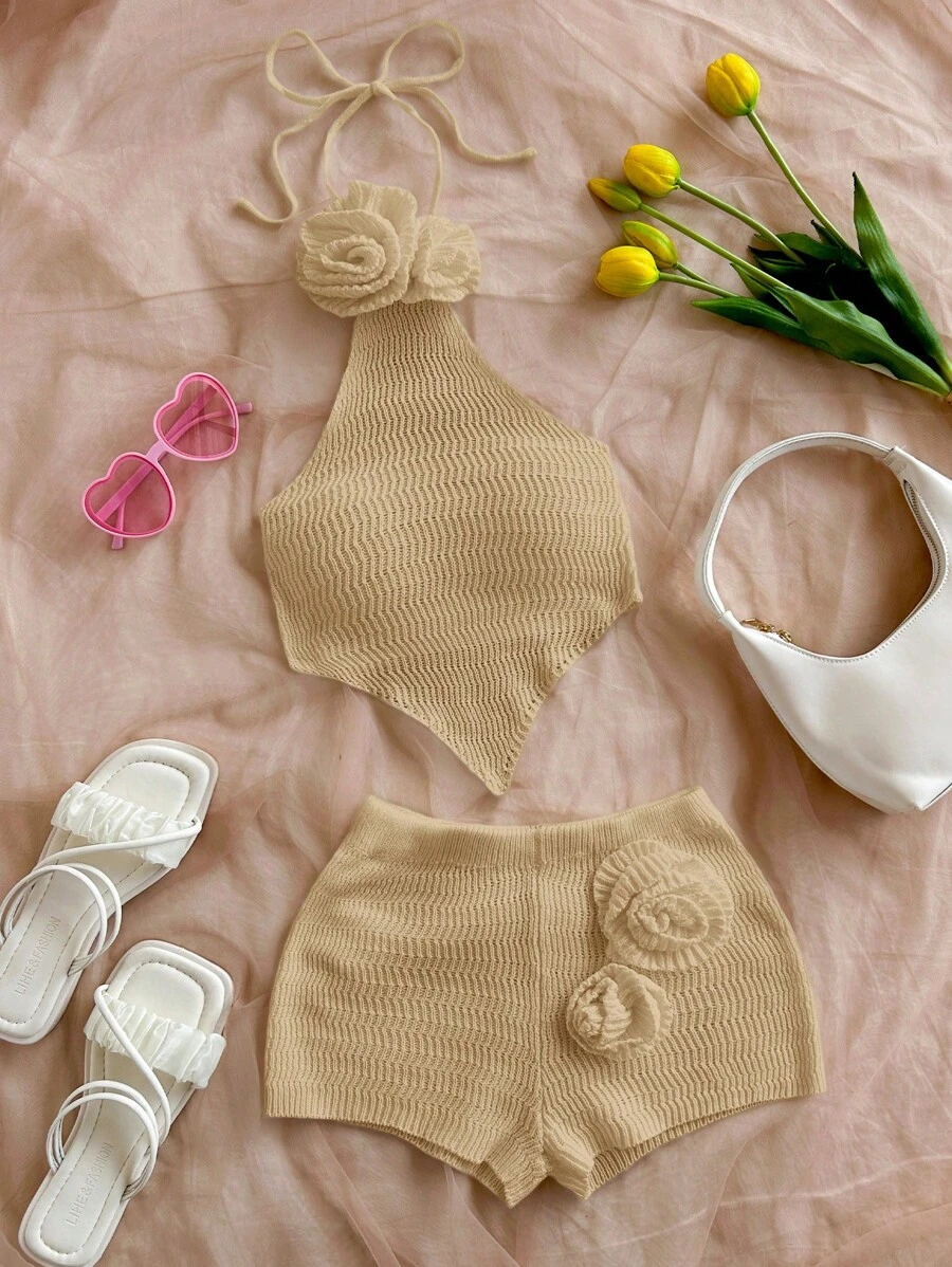 Soleia 2pcs/Set Hand-Crafted 3D Flower Halter Backless Crop Top And Super Short Shorts Knit Sweater, Vacation Sexy - Khaki - View 1