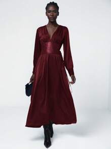 Aveloria Modichic Elegant Deep V-Neck Waist Cinched Waist Ruffle Hem Long Sleeve Dress For Women, Spring Outfit Fall Cloth For Women