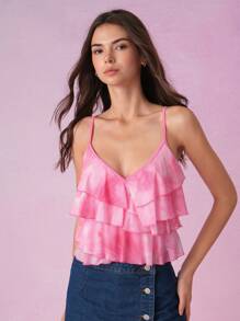 SHEIN MOD Layered Ruffled Pink And White Floral Lace-Up Tank Top,Boho Summer Vacation Holiday Party,Country Western Beach Easter Music Festival Top - Pink - View 4