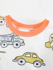 Cozy Pixies Baby Boy 2pcs Snug Fit Pajama Set - Cartoon Car Print Soft Knit Crew Neck Long Sleeve Pullover Top And Elastic Waist Tight Leg Long Pants