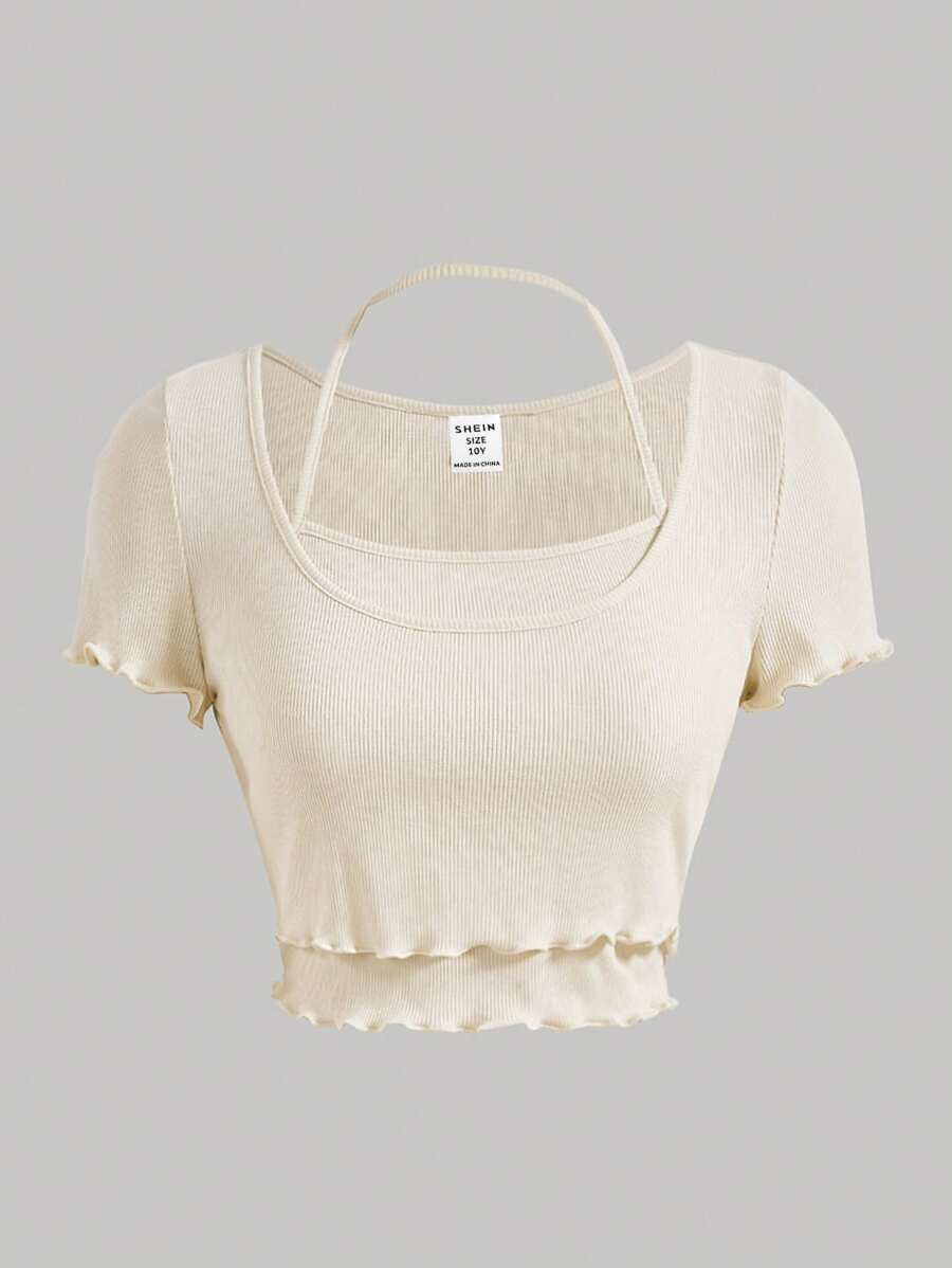 Tween Girls Ribbed Contrast Trim Mock Neck Peplum Hem Short Sleeve T-Shirt, Back To School Casual Versatile Top, Y2K Style, Mommy And Me Matching - Beige - View 1