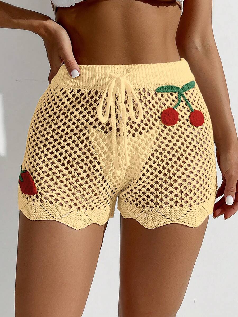 SHEIN Swim Women's Cherry Pattern Cover-Up Shorts Set For Vacation For Summer - Yellow - View 1