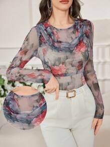 Modelyn Women's Mesh Print Loose Crew Neck Long Sleeve Casual Fitted T-Shirt - Multicolor - View 1