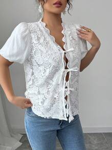 Chiquease 优雅性感法式镂空蕾丝灯笼袖蝴蝶结女式衬衫 - 白色 - 查看 5