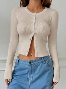 LYSMO Women's Solid Color Front Button Long Sleeve Minimalist Sweater, Casual Daily Wear In Fall/Winter - Apricot - View 6