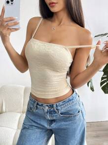 SHEIN EZwear Áo hai dây viền ren cho nữ, thiết kế tối giản, phù hợp cho mùa hè - Màu be - Xem 6