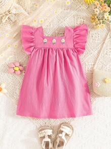 1 Stück Baby Mädchen Kleid mit Puffärmeln, quadratischem Ausschnitt, bestickter Taille, modisch, lässig, Alltagskleidung, weich und bequem, süßes Blumenmuster, neuer Sommerstil - Heißes Pink - Übersicht 3