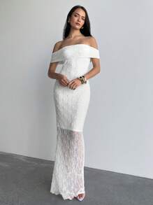 Aloruh 女士性感优雅露肩褶皱露背紧身连衣裙，适合婚礼季节，白色 - 白色 - 查看 1