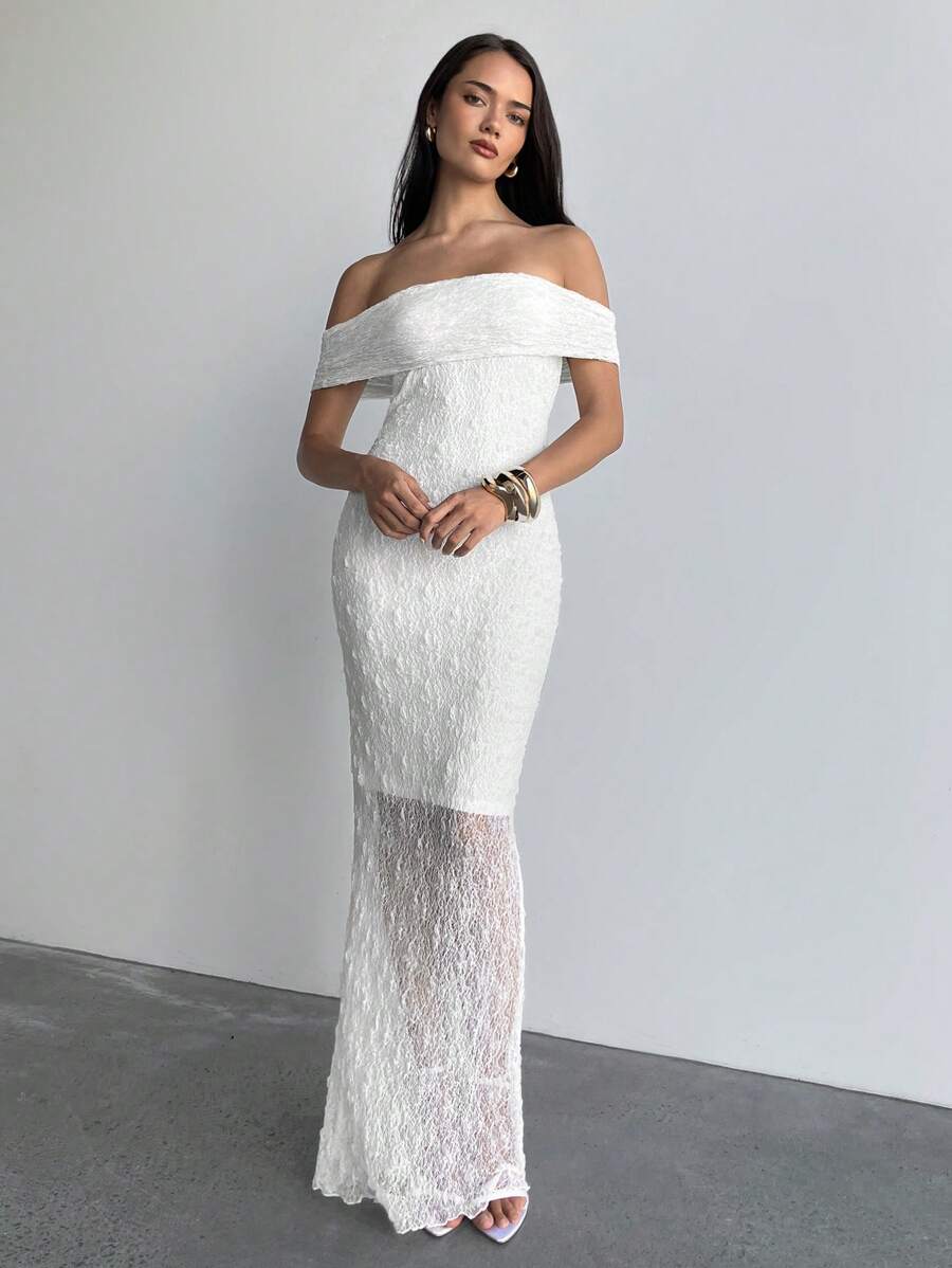 Aloruh 女士性感优雅露肩褶皱露背紧身连衣裙，适合婚礼季节，白色 - 白色 - 查看 1