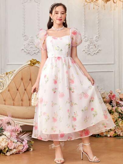 SHEIN 少女花卉印花歐根紗網紗短泡泡袖長連身裙