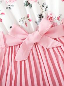 SHEIN Girls Children Summer New Elegant Ditsy Floral V-Neck Patchwork Pleated Dress With Belt, Young Girl Formal Dress - Pink - View 7