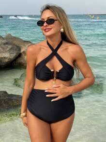 SHEIN Bộ đồ bơi bà bầu cạp cao 2 món, thoải mái khi đi nghỉ - màu đen - Xem 6