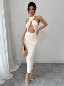 Calvaya Robe tricotée élégante et sexy avec décoration florale 3D, dos nu, encolure en V