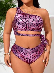 SHEIN Swim Curve Plus Size Women 2pcs Set Gold Foil One Shoulder Split High Waist Triangle Bikini Swimwear For Summer Beach Vacation - Multicolor - View 1