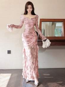 Modelyn Women's Mesh Floral Print Ruffle Hem Slit Hem Elegant Sexy Dress Fall Cloth For Women - Pink - View 4