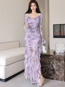 Modelyn 女士网眼印花荷叶边下摆开衩优雅性感连衣裙