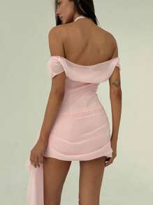 Aloruh Romantic Shallow Pink Strapless Bodycon Mini Dress With Ribbon, Suitable For Dates, Weddings