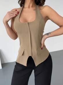 Firerie Women's Elegant Simple New Office/Casual Cowl Neck Slim Khaki Shirt