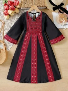 Young Girls Ramadan Modest Long Sleeve Round Neck A-Line Dress, Pattern, For Daily Casual Wear, Summer