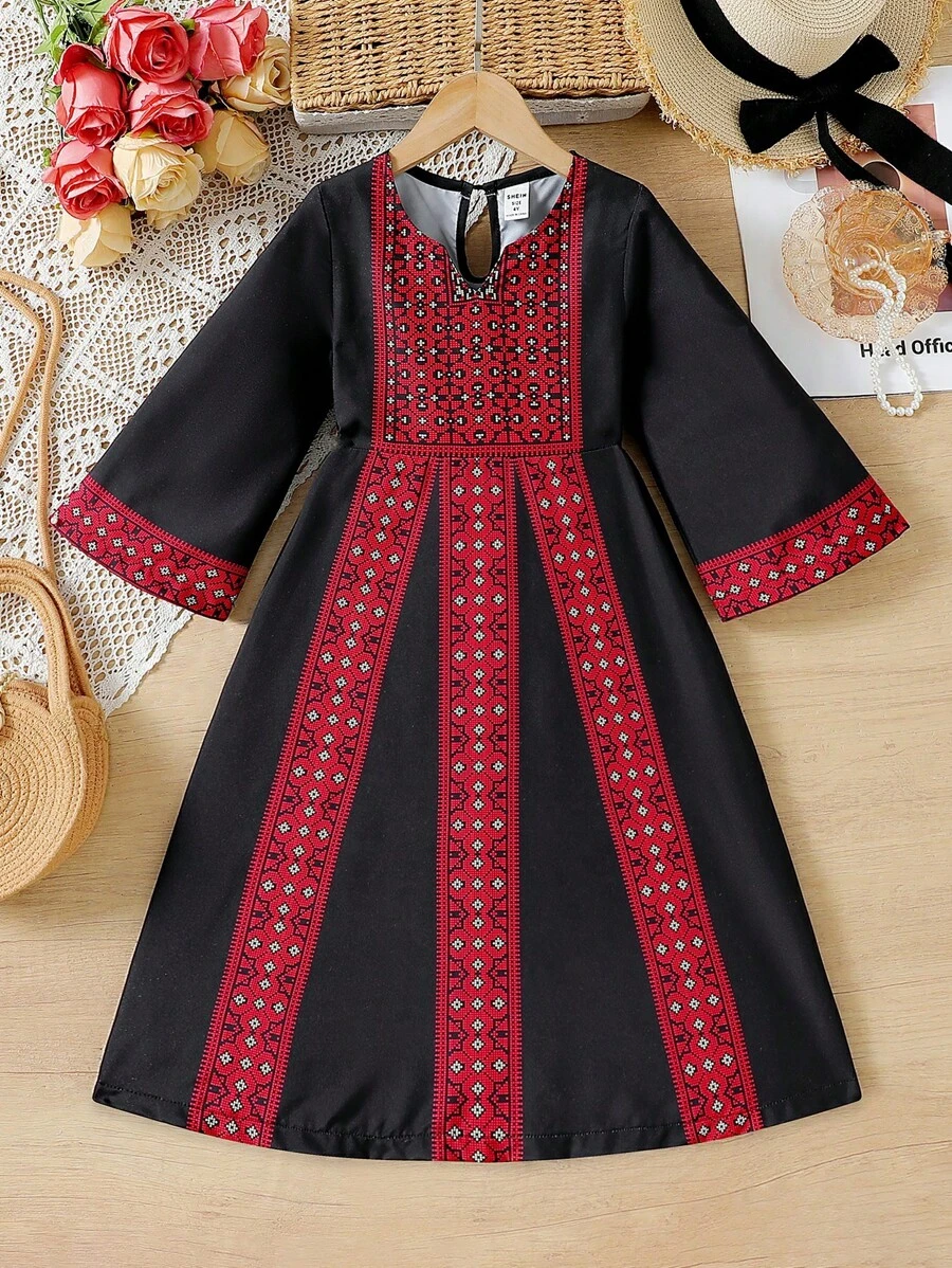 Young Girls Ramadan Modest Long Sleeve Round Neck A-Line Dress, Pattern, For Daily Casual Wear, Summer