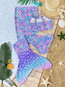 3pcs/Set Tween Girls Casual Mermaid Print Tank Top And Triangle Brief Swimwear Set, Suitable For Summer - Multicolor - View 2