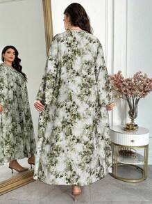 Al Najma 大码女式花卉印花 V 领喇叭袖连衣裙，适合度假，阿拉伯风格朴素优雅的长款卡夫坦 Jalabiya 连衣裙 - 彩色 - 查看 2