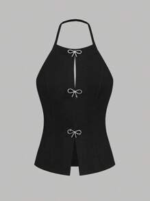 Plus Size Women's Rhinestone Bowknot Decor Halter Neck Sleeveless Top - Black and White - View 3