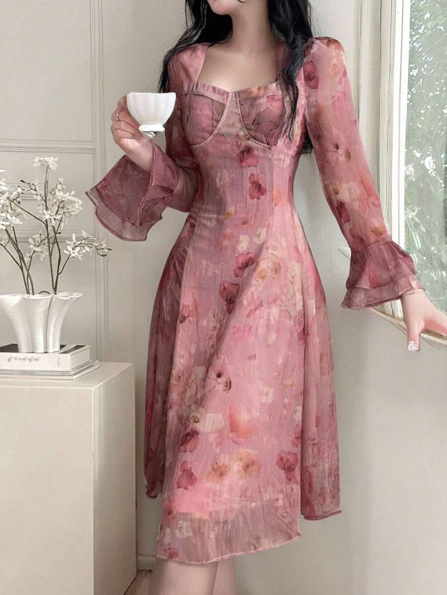 DAZY Vestido de línea A con estampado de plantas que da forma a la cintura, estilo primaveral, elegante con estampado floral y volantes, ideal para una primera cita - Rosa - Ver 1