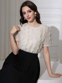 Modelyn Women Applique Decor Round Neck Loose Fit Short Sleeve Blouse - Apricot - View 6