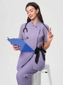 Scrubzie Anti-Wrinkle Stand Collar Long Contrast Color Tie Waist Women's /Nursing Scrub Uniform Top - Purple - View 4