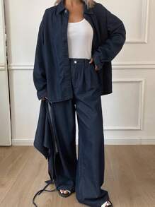 Livesso Bộ 2 món áo sơ mi và quần denim cho nữ, trang phục mùa hè tối giản và thời trang - Rửa tối - Xem 6