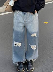 Denimly Girls Casual Simple Fashion College Style Jeans, Elastic Waist Relaxed Fit Ombre Washed Straight Leg Denim Pants