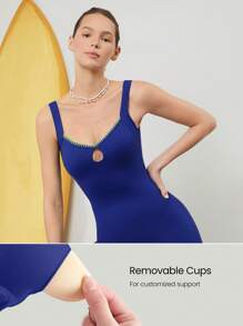 GLOWMODE X Nature Dream Bali 3.5" Quick-Dry Cutout Embroidered Trim Chlorine-Resistant Lining One-Piece Swimsuit Summer Swimming Beach Vacation Holiday Wear Removable Cups - Royal Blue - View 5