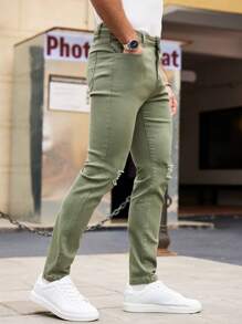 Manfinity Homme Men's Olive Green Distressed Jeans - Army Green - View 3