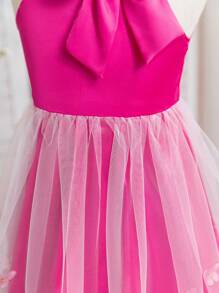 SHEIN Glamorique Kids 春夏女童玫瑰红吊带设计 3D 蝴蝶刺绣网眼连衣裙 - 玫紅色 - 查看 6