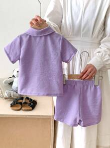 SHEIN Genkimix Kids 2pcs/Set Baby Boy/Girl Purple Collar Short Sleeve Shirt And Shorts Textured Fabric Outfit, Suitable For Baby To Wear In Summer For Playing, Vacation, Picnic, Easy To Put On And Take Off Toddler Summer Clothes Toddler Summer Boy Clothes