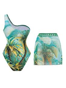 Swim Oasis 女士时尚定位印花单肩泳衣，带透视裙，两件套度假套装