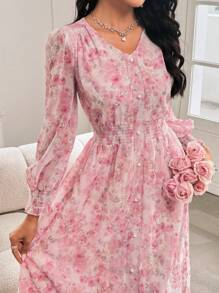 Modelyn Fashionable Romantic Embroidered Floral Long Dress For Women Fall Cloth For Women - Pink - View 2