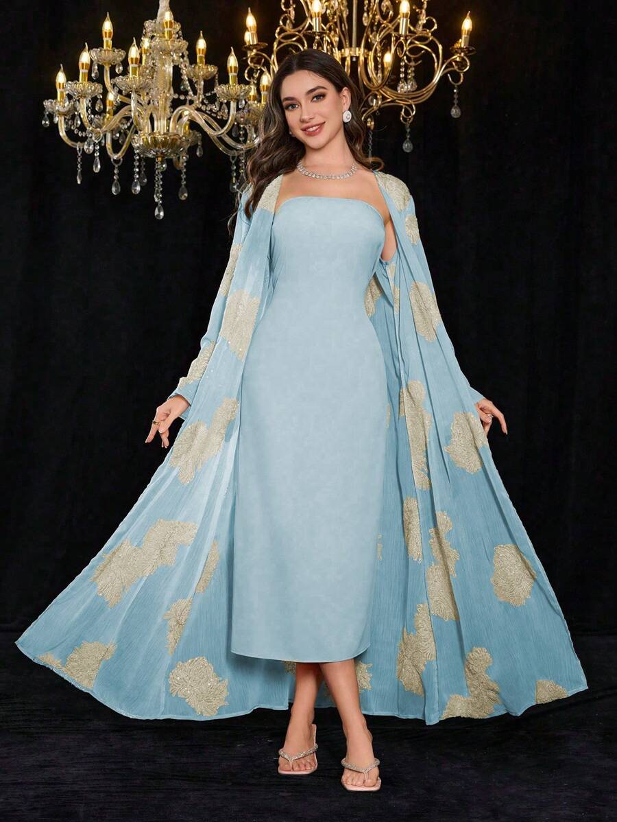 Modelyn 2pcs Set: Embroidered Sequins Decor Solid Color Elegant Romantic Sheer Long Sleeve Dress - Baby Blue - View 1
