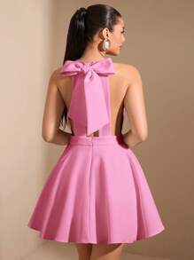 SHEIN BAE Vestido negro elegante de estilo francés con cuello halter sexy, lazo minimalista y falda abullonada. Apropiado para cumpleaños, fiestas de cóctel, ocasiones formales y fiestas en discotecas. Mismo estilo que el de las influencers.