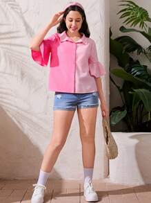 SHEIN Teen Girl Woven Color Block Shirt With Ruffled Collar And Loose Short Sleeves