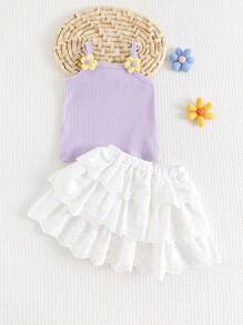 Cozy Pixies 2pcs/Set Baby Girl 3D Flower Knit Soft Camisole Top And Mesh Skirt Set