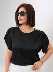 SHEIN Clasi Áo sơ mi tay ngắn màu trơn cỡ lớn, thời trang tối giản cho mùa hè - màu đen - Xem 3