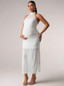 MaterniChic Pregnant Women's Sexy Off-Shoulder Long Sleeve Sequin Tight Party Dress, Spring/Summer - White - View 6