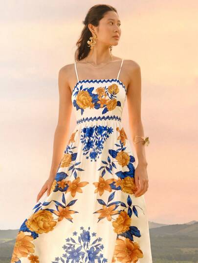 CAJUNI 女士波西米亚风热带彩色印花吊带超长连衣裙夏季休闲海滩度假连衣裙