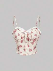 SHEIN MOD Parte superior con tirantas de moño con estampado floral diminuto, encaje bordado y parches, talla grande - Multicolor - Ver 1
