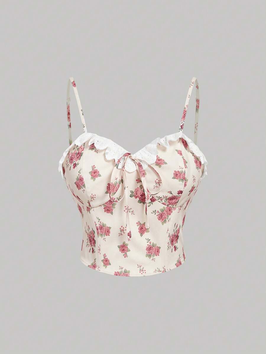 SHEIN MOD Parte superior con tirantas de moño con estampado floral diminuto, encaje bordado y parches, talla grande - Multicolor - Ver 1
