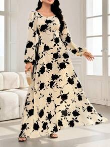 Mulvari Round Neck Lantern Sleeve Floral Print Draw Cord Side Abayas Dress,Modest - Apricot - View 6