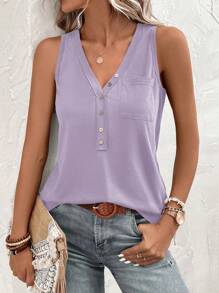 SHEIN Clasi Vacation Casual Solid Color Front Button Camisole - Dusty Purple - View 4